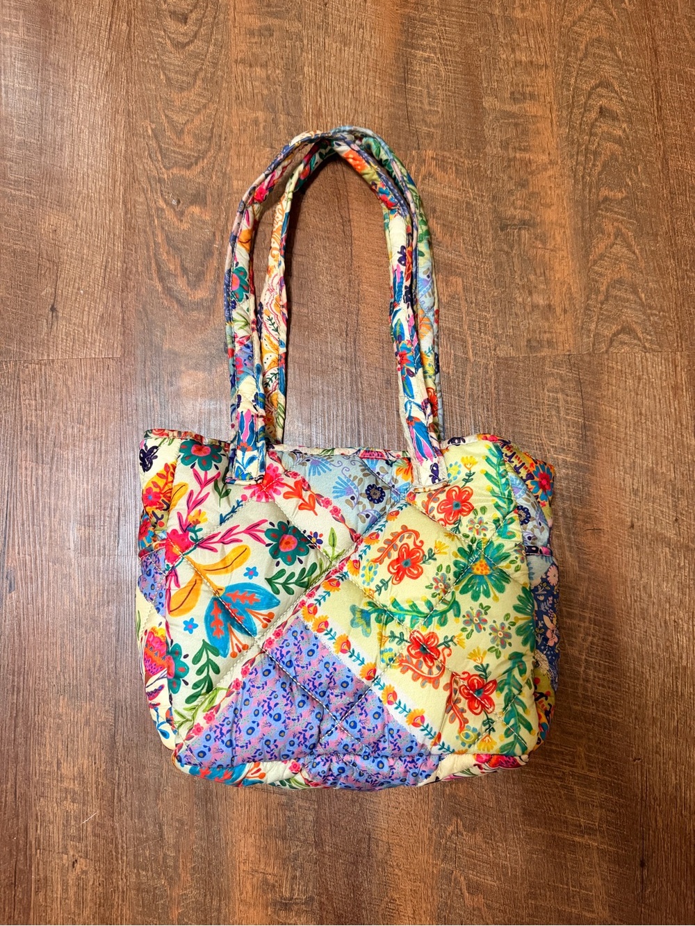 NATURAL LIFE Yellow Pink Multi Floral Patchwork Quilted Puffy Tote Bag